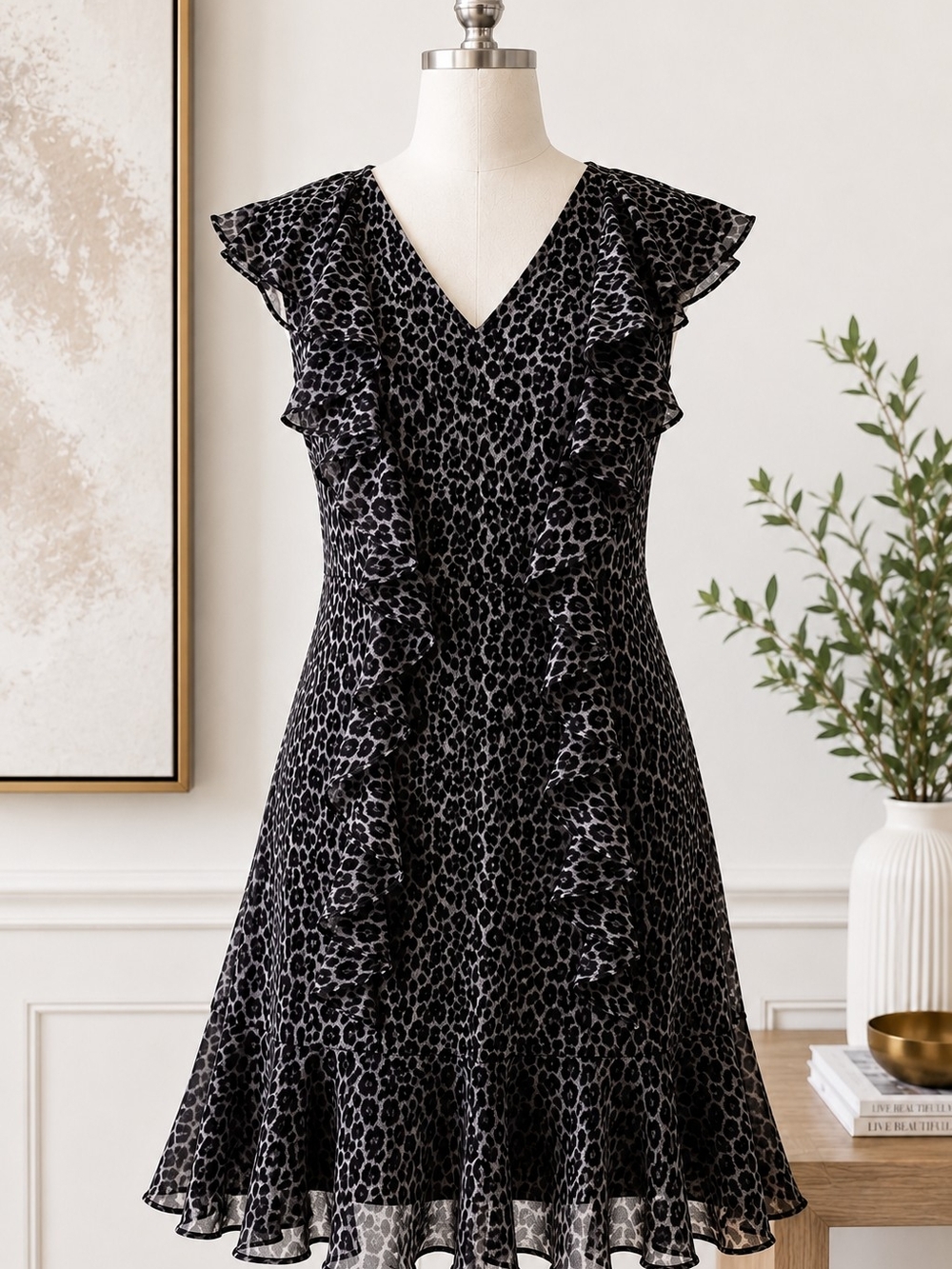Michael Kors Leopard Print Ruffle Dress | Gray & Black | Flutter Sleeve | Size M